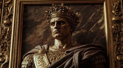 Obraz premium Framed golden bust of a roman leader with leafy crown and detailed armor
