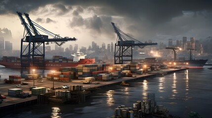 Obraz premium Massive industrial shipping port with towering cranes unloading cargo containers The scene depicts a bustling logistics hub with advanced equipment and infrastructure