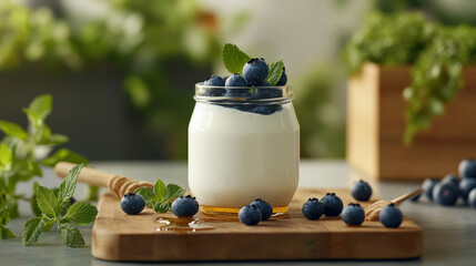 glass jar filled with creamy yogurt topped with fresh blueberries and mint leaves, placed on wooden board. vibrant colors and natural setting evoke refreshing and healthy vibe