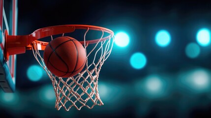 Fototapeta premium Basketball swishing through net; arena background; sports