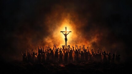 Group of Christians worshiping with hands raised in front of illuminated cross