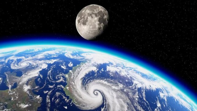 Earth and Moon collision. Collision to the world and explosion in the galaxy. The animation of the earth explodes and destroy