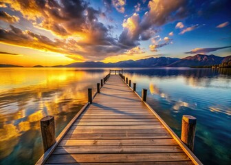 Fototapeta premium Golden hour paints Lake Tahoe's sunset, a wooden dock silhouetted against fiery skies.