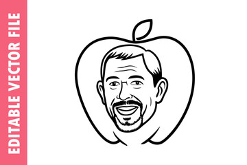 teacher apple Vector Cartoon Portrait, Smiling Man Caricature with Apple Outline, High-Quality Avatar Illustration 2025