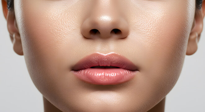 Close-up of a young woman's flawless skin and full lips, highlighting beauty and skincare.