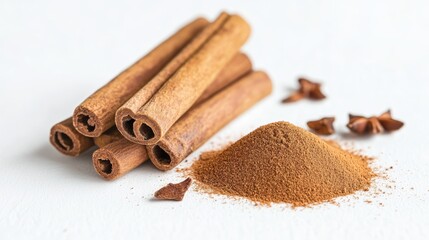 Cinnamon against a white background, spices photography.