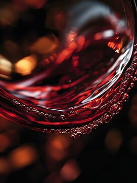 Abstract Close Up of Red Wine in Glass with Sparkling Bubbles and Dark Background