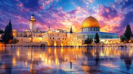 Obraz premium Wailing Wall in Jerusalem, Israel with Watercolor Buildings and Sunset Sky, Popular Tourist City Tourism, Watercolor Style