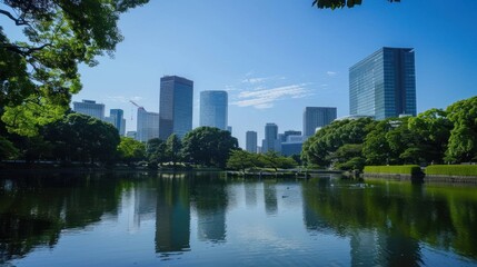 Fototapeta premium Urban park pond reflects cityscape skyline
