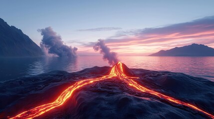 Fototapeta premium Volcanic landscapes idea. Stunning volcanic eruption at sunset, showcasing flowing lava and dramatic sky colors.