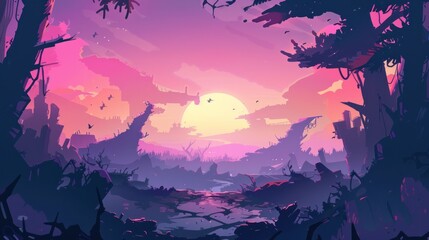 Post-apocalyptic sunset landscape, ruined city, game background