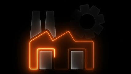 Neon factory icon, industrial factory icon on black background. Industrial Manufacturing concept, responsible for the fabrication of products intended for industrial use from raw materials.