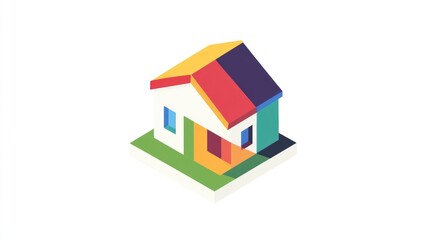 Colorful isometric house illustration, green lawn, website design