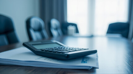 Calculator on Desk with Business Documents in a Modern Conference Room Setting for Professional and Corporate Use