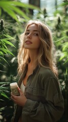 Pharmacist holding medicinal cannabis cream in greenhouse