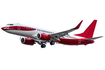 Obraz premium Red and white passenger airplane flying, isolated on Transparent PNG format Background.