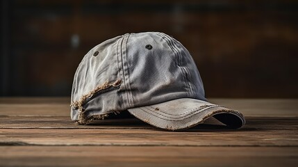 frayed grey baseball cap
