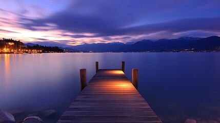 Naklejka premium Serene Sunset Over Lake And Mountains With Dock