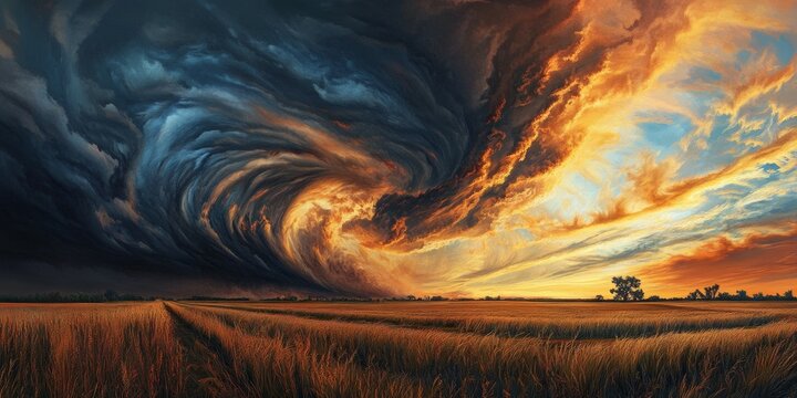 Powerful Tornado Touching Down in a Dramatic Sunset Landscape with Dark Storm Clouds and Golden Light