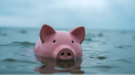 Pink Piggy Bank Floating on Water in Overcast Sky, Symbolizing Financial Loss and Challenges in Saving Money