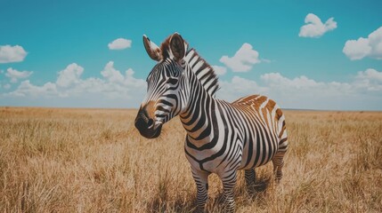 Naklejka premium A zebra grazes peacefully on tall grass in a vast savanna landscape. The bright sun illuminates its distinctive black and white stripes against a backdrop of fluffy clouds and blue sky