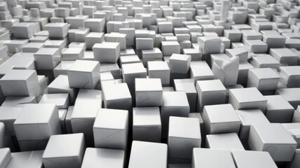 Obraz premium Abstract 3D white cubes shifted randomly, creating a modern tech and communication concept background. Clean, minimal, and futuristic.