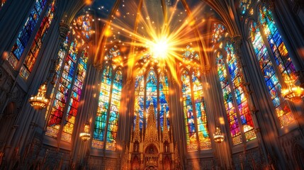Obraz premium Sunlight streaming through stained glass window of cathedral aisle in Catholic church