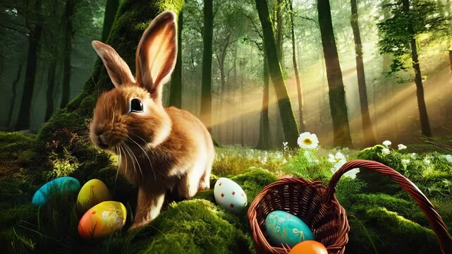 Fr&ouml;hliches Osterfest &ndash; S&uuml;&szlig;es Kaninchen mit bunten Ostereiern und Fr&uuml;hlingsblumen im Sonnenlicht