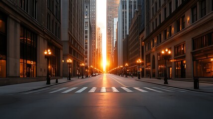 Sunrise Illuminates Empty City Street Between Tall Buildings