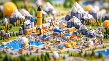 Fantasy town in the sky with rocket and aerostat flying in the forest - vector illustration of a seasonal fairy tale storybook concept