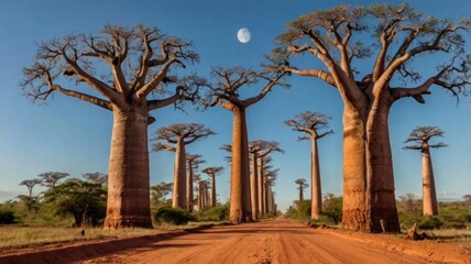 Obraz premium The Avenue of Baobabs in Madagascar, with the iconic towering baobab trees standing against a moonlit sky.