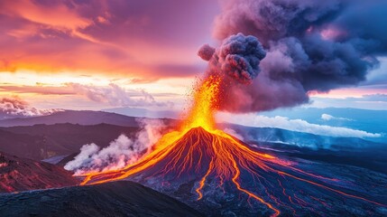 Volcanic landscapes idea. A stunning volcanic eruption under a colorful sunset sky, showcasing nature's power.