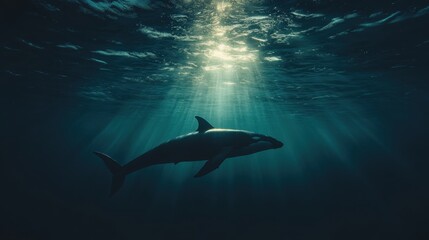 Fototapeta premium Silhouetted orca swims in deep ocean, sun rays above. Perfect for documentaries, marine life projects, or nature themes.