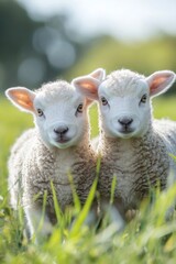 Obraz premium Two adorable lambs standing in green grass field
