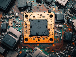 Fototapeta premium A close-up view of a circuit board featuring a central processing unit surrounded by various electronic components.