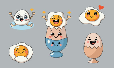 Funny cartoon eggs with different emotions and poses. Eggs in shells, in egg cups, as fried eggs, with smiles, glasses, and hearts. Perfect for children's illustrations, culinary projects, and sticker