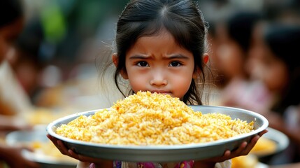 Young girl holding a large plate of yellow rice