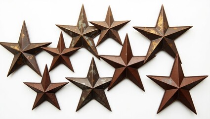 Obraz premium A set of rustic metal stars with a distressed finish, featuring vintage patriotic designs like faded stripes, nostalgic badges, and classic eagles.