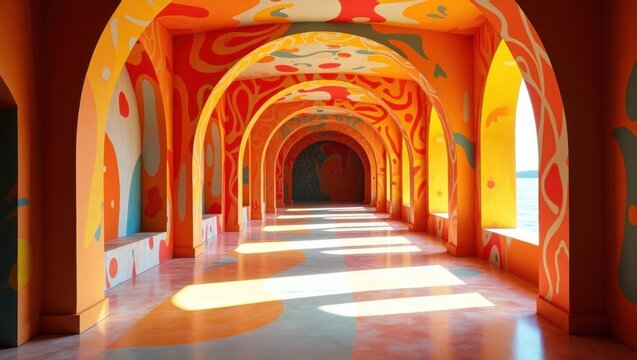 A surreal, colorful hallway with arched ceilings, decorated with bold, organic patterns in red, orange, yellow, and white.

