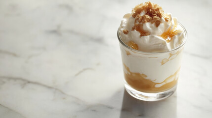 Creamy dessert served in glass jar, layered with yogurt and topped with crunchy bits. Perfect for sweet treat or snack