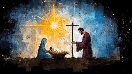 Nativity Scene in Bethlehem Watercolor Painting with Holy Family, Baby Jesus, Joseph and Mary - Christmas Illustration with Copy Space