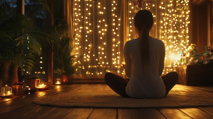 Woman meditating, lights, plants, cozy room, serenity