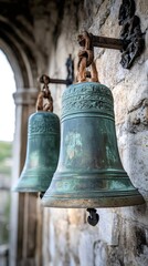 Obraz premium Two old bells hanging on a stone wall