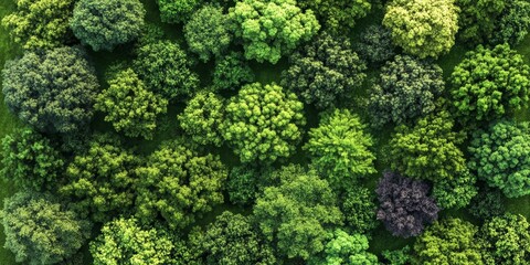 Aerial view of a vibrant forest filled with diverse tree species. Different shades of green create a rich tapestry of texture and color, reflecting the beauty of nature