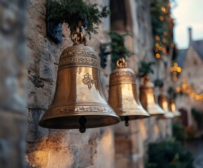 Obraz premium Golden christmas bells hanging on a stone wall with blurred christmas lights in the background
