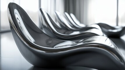 Sleek, metallic lounge chairs in a modern setting. Perfect for design, luxury, or futuristic concepts.