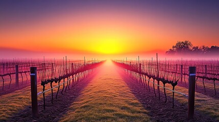 Fototapeta premium Vineyard sunrise, misty rows, vibrant dawn, peaceful landscape, wine region