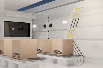 Sending boxes of goods, cosmetics, food to Mars with a spacecraft with a cargo belt © oatz to go studio