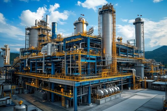 Oil and gas refinery plant processing crude oil with blue sky