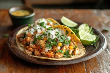 Delicious chicken tacos, cilantro, lime, wooden table, salsa, food photography, recipe